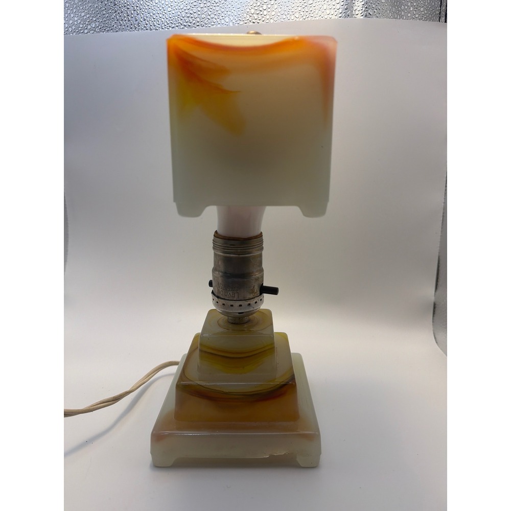 Vintage Art Deco Slag Glass Boudoir Lamp Amber Orange Marbled Leviton Socket